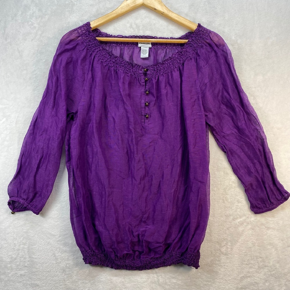 Chico's Purple Blouse Silk Linen 3/4 Sleeve Button Down Top Size 0/S-Flaw‎